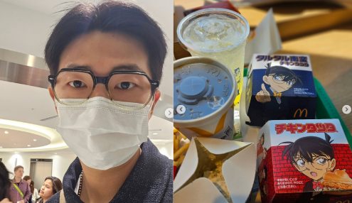 BTSのRMさんとマクドナルドのコナンのイラストの箱に入っているチキンタツタ
