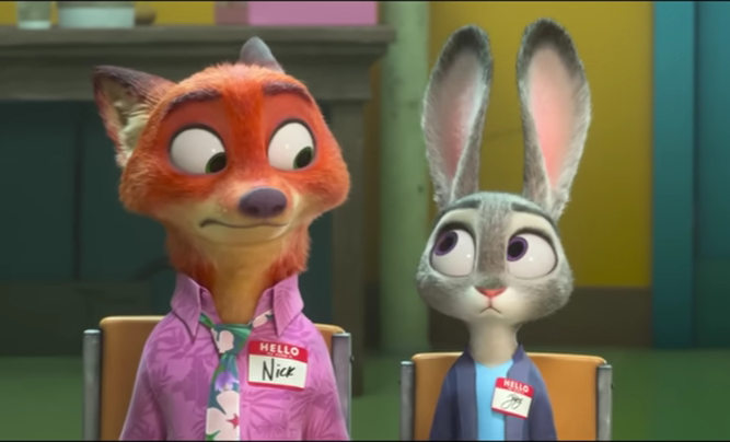 顔を見合わせるズートピアのジュディとニック